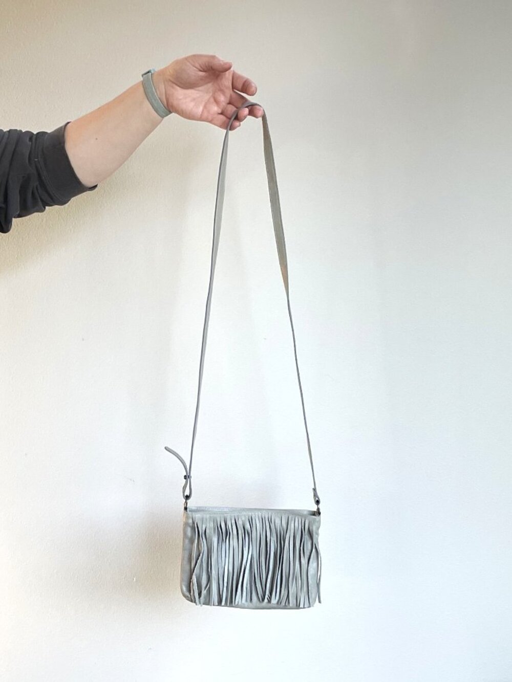 Eileen Fisher Grey Fringed Leather Crossbody Purse Bag
